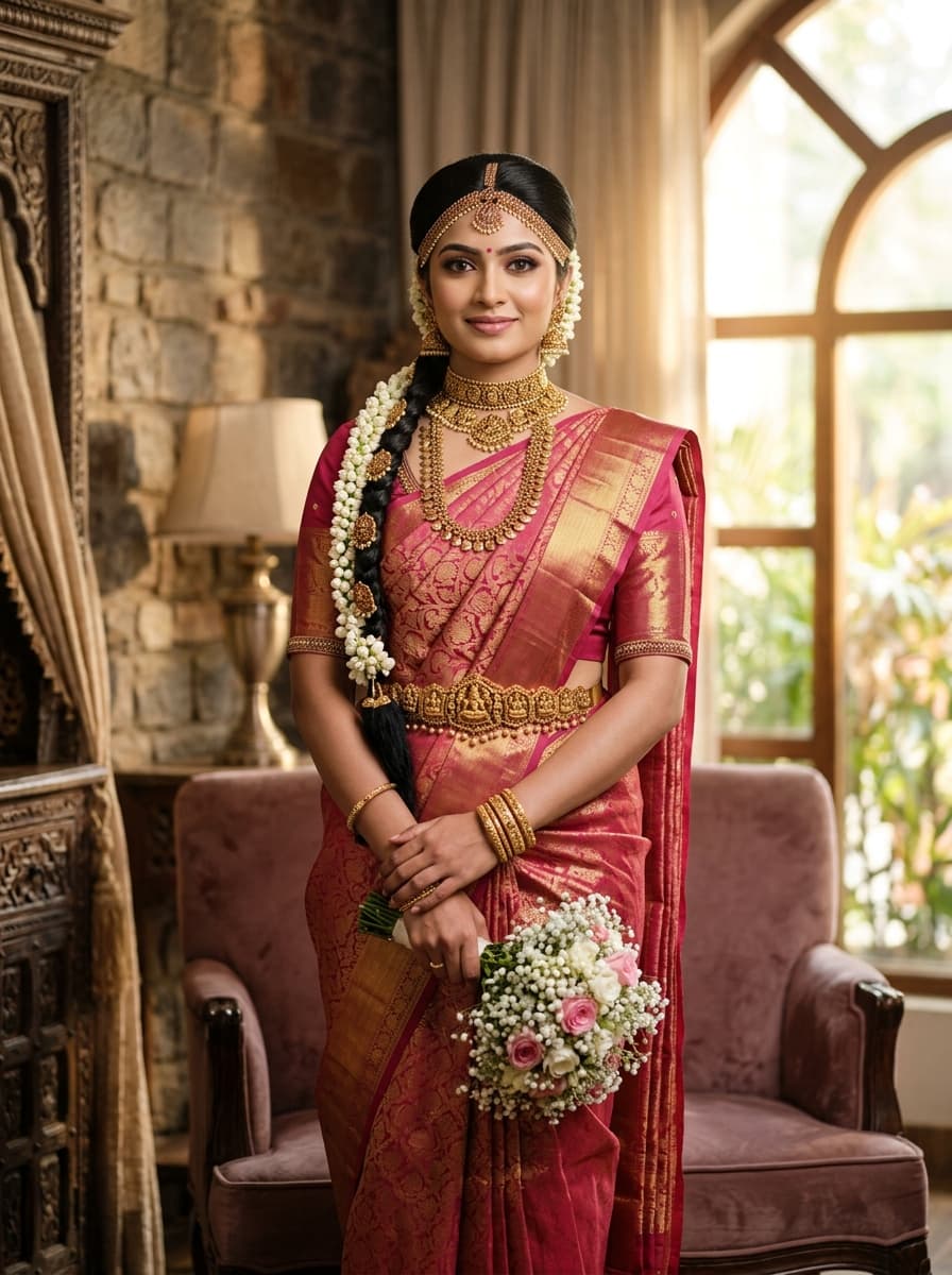 Traditional Tamil Nadu bride in rose pink Kanchipuram silk saree with antique temple jewelry