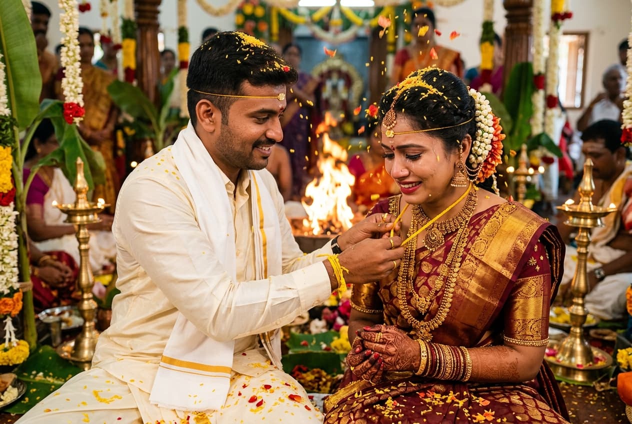 Authentic Tamil Nadu Muhurtham photography — groom tying Thaali amidst rice shower