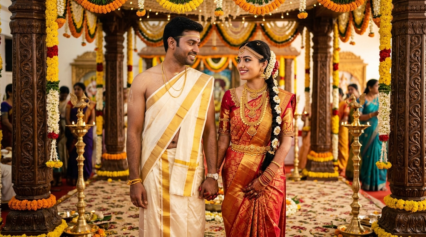 Authentic Tamil Nadu wedding photography — bride in red Kanchipuram silk saree and groom in gold zari silk veshti in grand floral mandap